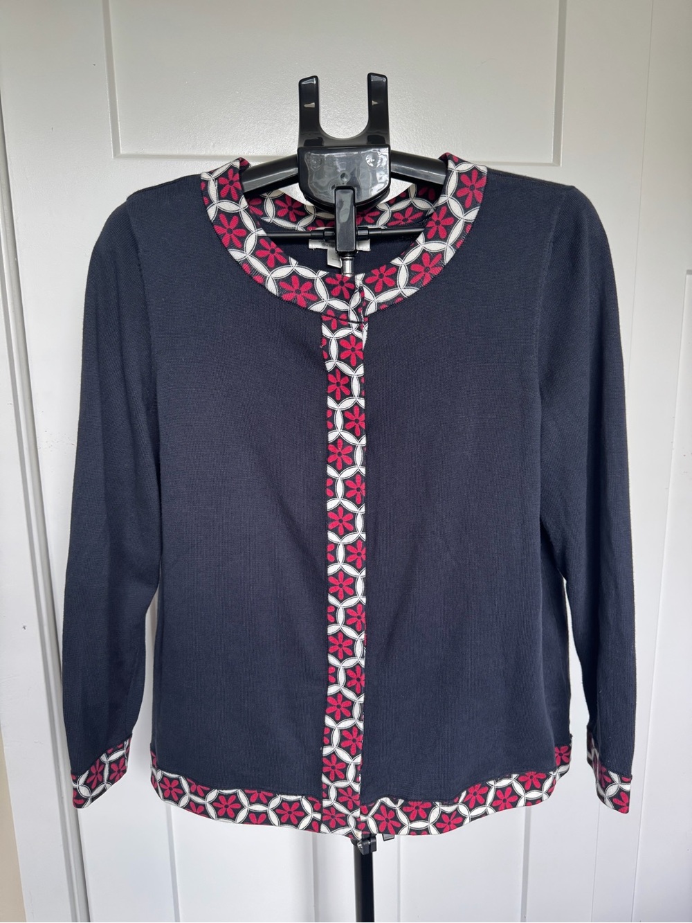 CJ Banks Navy Button-Front Cardigan with Pink Floral Trim